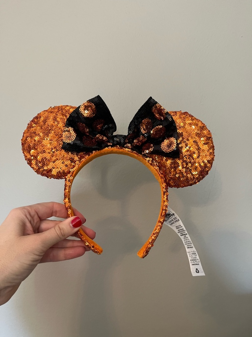 Disney Orange Sequin Minnie Ears Headband with Black Sequin Bow